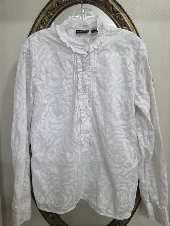 New York & Company Tops - New York & Company White Ruffled Collar Button-Front Shirt Long Sleeve Size L